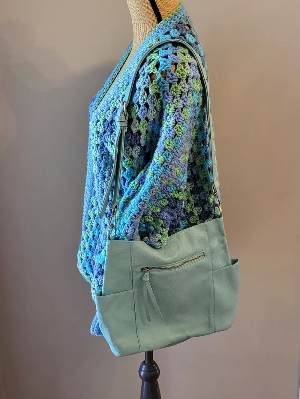 Kayleigh Side Pocket Bucket Bag Aquamarine Pebbled Vegan Leather